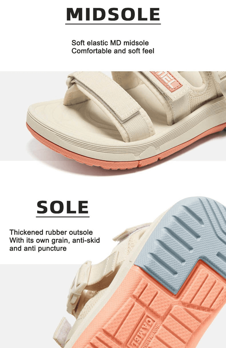 Close-up of breathable beach sandals, featuring soft elastic midsole and thickened anti-slip rubber sole for women.